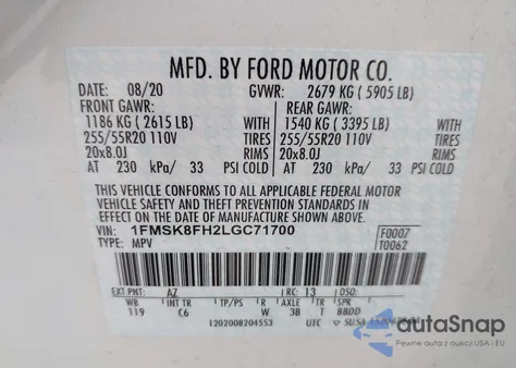 2020 Ford Explorer Limited z USA, uszkodzony, nr VIN 1FMSK8FH2LGC71700